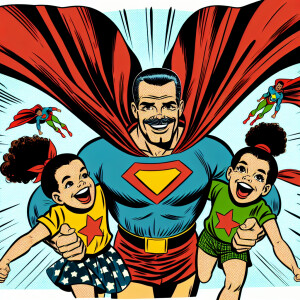 A Puerto Rican father with a receding hairline is depicted holdi...