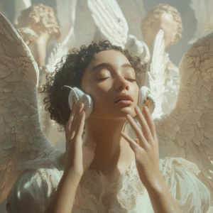 A depiction of ethereal angels surrounding a person, whispering...