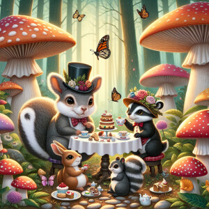 A whimsical illustration of a tea party taking place amongst gia...