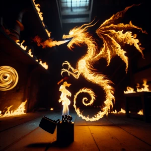 A lighter flickers to life in a dimly-lit room, and its flame tr...