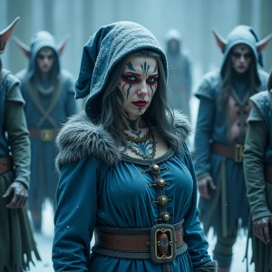 Create an image of a sinister Mrs. Claus dressed in a tattered a...