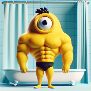 minion from Despicable Me bodybuilder in swimming trunks in bath...