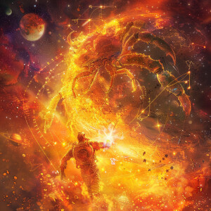 Create a stunning cosmic artwork showcasing a handsome male figu...