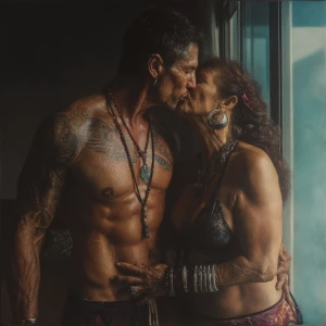 Hyperrealism ,a latin muscular beefy tattoed sweaty man kissin...
