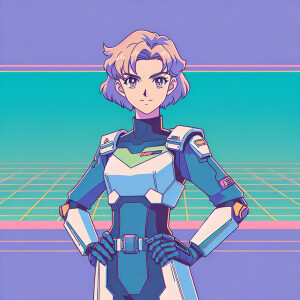1990s anime screencap, girl a plugsuit, standing with hands on h...