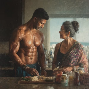 Hyperrealism photo painting.a muscular sweaty indian man stand...