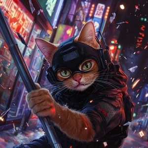 A wide-eyed ginger cat wearing a black tactical balaclava (or ma...