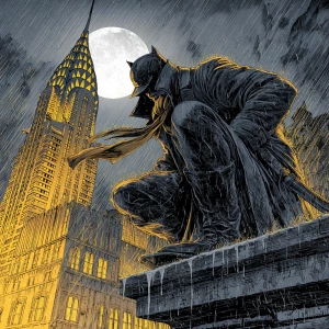 Ultra-detailed manga noir illustration, low-angle view of a lone...