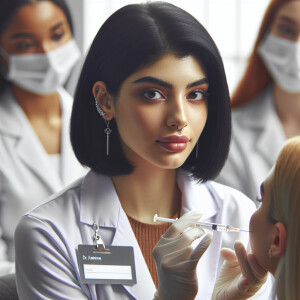 a cosmetologist, her name tag is @dr_fatimusha, she works in a c...