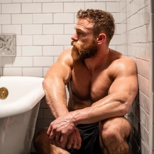 A bodybuilder man is sitting in a old style bathtub that is whit...