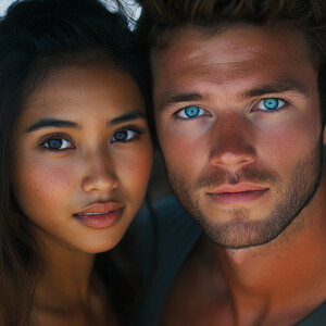 create me a photo of thai girl and white guy with brown hair blu...