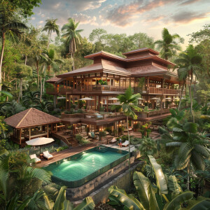 A large tropical 3 floor resort in a tropical forest inspired by...