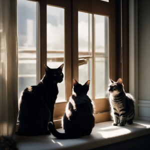 A black mother cat with glossy fur sitting in a sunlit window, f...