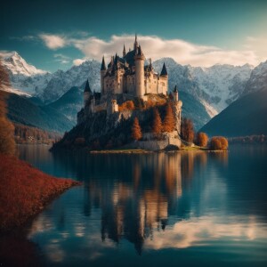 Castle on the lake with Alps in the background