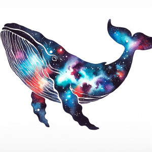 Cosmic watercolor filled animal silhouette on a blank white back...