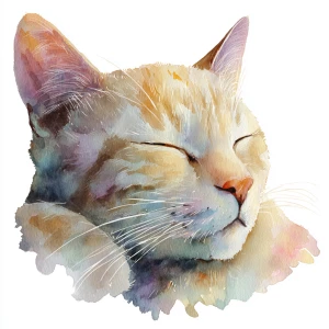 Sleeping cat with peaceful expression, watercolor illustration s...
