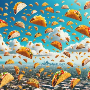 Imagine a surreal scene where a multitude of tacos cascade whims...