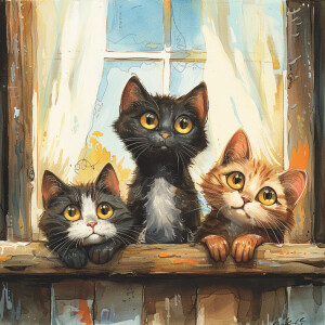 A cartoon of three mischievous cats sitting on a ledge, looking...
