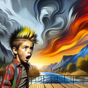 Bart Simpsons,vivid expression of surprise and anxiety, standing...