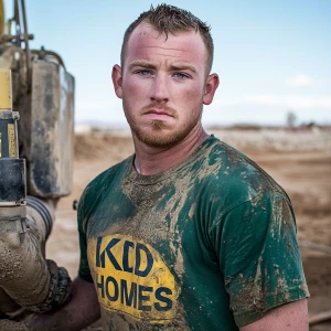 Brian Nobles a real 28 year old Caucasian male who is using  a concrete mixer, he is a  pump operator holding the hose which carries the liquid concrete to the foundation pour, Brian is slowly  beginning his transition into adult maturity , Brian Nobles is beginning to look like a grown man, he has large reflective blue eyes and a wrinkled brow,Brian is now balding , prominent large protruding round fat obese belly,,thick goatee beard, healthy muscle mass ,very noticeable male pattern balding hairline, Brian Nobles now has a  prominent receding and thinning male hairline (onset male pattern baldness), slightly fat overweight(Caucasian)wearing tight body conforming  glossy satin shiny green and gold tight fitting body conforming UnderArmour athletic bodysuit,emblazoned with the "KD HOMES" real estate logo, standing confidently in front of a newly completed constructed new KD HOME in Victorville California in a raw desert landscape. Brian has a protruding fat obese muscular physique, large male bulge, fat obese muscular frame , shows a substantial frame with a noticeable mature hairline and expressive eyes. His workman’s  pose should reflect his experience in his trade.