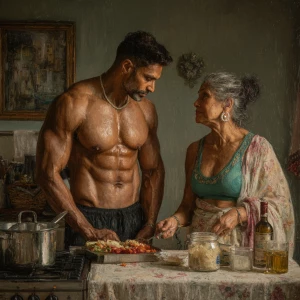 Hyperrealism photo painting.a muscular sweaty indian man stand...