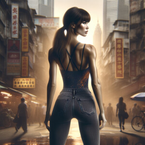 Athletic Thin skinny Attractive, Asian teenage girl, long brown hair and bangs, wearing tight skinny jeans and a halter top paint marks on her clothing, heroic pose Asian graffiti background, backside view