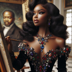 In a high-class, elegantly decorated studio, a very light-skinne...