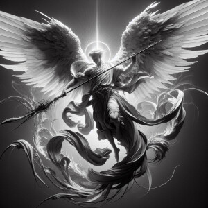 "Create a 3d black and white sketch of Michael the Archangel in...