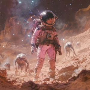 A lone female astronaut in a slightly damaged, high-tech pink sp...