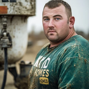 Brian Nobles a real 28 year old Caucasian male who is using  a concrete mixer, he is a  pump operator holding the hose which carries the liquid concrete to the foundation pour, Brian is slowly  beginning his transition into adult maturity , Brian Nobles is beginning to look like a grown man, he has large reflective blue eyes and a wrinkled brow,Brian is now balding , prominent large protruding round fat obese belly,,thick goatee beard, healthy muscle mass ,very noticeable male pattern balding hairline, Brian Nobles now has a  prominent receding and thinning male hairline (onset male pattern baldness), slightly fat overweight(Caucasian)wearing tight body conforming  glossy satin shiny green and gold tight fitting body conforming UnderArmour athletic bodysuit,emblazoned with the "KD HOMES" real estate logo, standing confidently in front of a newly completed constructed new KD HOME in Victorville California in a raw desert landscape. Brian has a protruding fat obese muscular physique, large male bulge, fat obese muscular frame , shows a substantial frame with a noticeable mature hairline and expressive eyes. His workman’s  pose should reflect his experience in his trade.