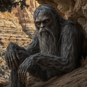 A humanoid looking grey haircovered sasquatch with a matted bear...