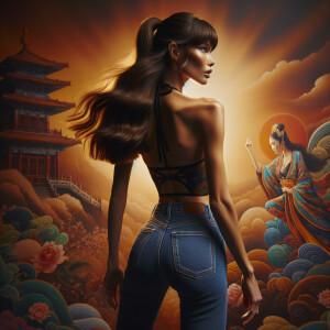 Athletic Thin skinny Attractive, Asian teenage girl, long brown hair and bangs, wearing tight skinny jeans and a halter top paint marks on her clothing, heroic pose Asian graffiti background, backside view