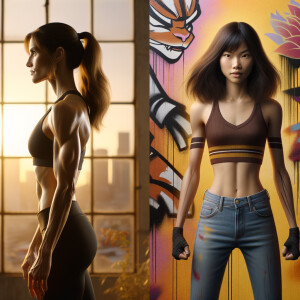 Athletic Thin skinny Attractive, Asian teenage girl, long brown hair and bangs, wearing tight skinny jeans and a halter top paint marks on her clothing, heroic pose Asian graffiti background, backside view