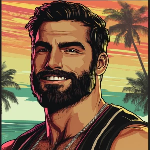 White muscular thin man with beard, big chin, smile and cheekbon...