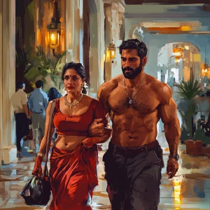 Digital art HD.A sweaty  man walking with his mother in law with...