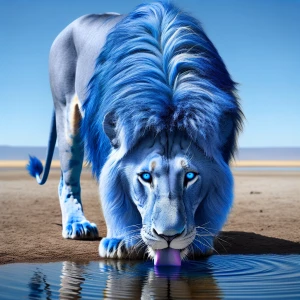 Lion with royal bule fur , neon blue eyes, getting a drink of wa...