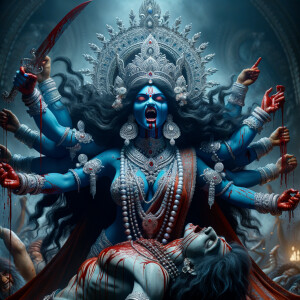 portrait of angry looking, gorgeous goddess kali, blue skinned carrying a weak mahishasur in her two arms and stabbing him with her amazingly long red fingernails. She is wearing a huge silver crown, red saree, abundant silver jewelry, covered in blood. The scene is set in ancient India. The image is 8K resolution, cinematic, ultra detailed face and epic.