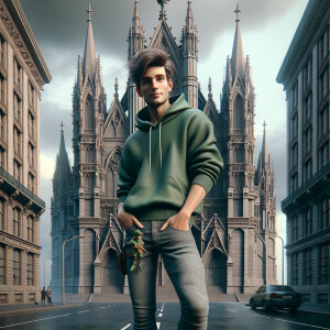 Modernized Peter Pan wearing green hoodie and jeans standing in street with city behind him