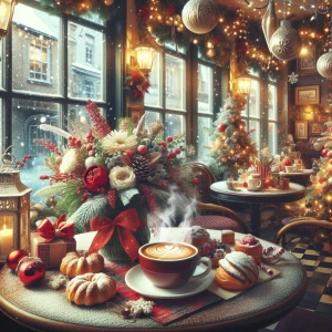 Create an image of a cozy café during Christmas, decorated with...
