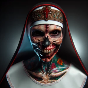 macabre conjuring closeup of a demonic nun with half skeletal fa...