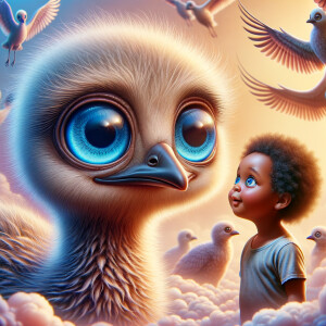 Cute and adorable African-American with huge blue eyes cartoon fluffy baby rhea, fantasy, dreamlike, surrealism, super cute