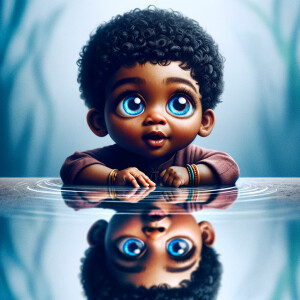 A curious cute african-American, baby with huge blue eyes and cu...