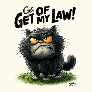 A grumpy cartoon-style cat standing on a lawn, fur fluffed up, o...