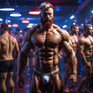 A hyper-realistic depiction of a muscular, mature bodybuilder ma...
