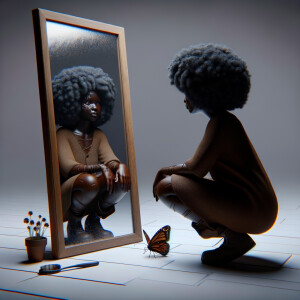 Create a 3-D realistic, adult african-American, female 
Did curly black hair, dark skin, looking at herself in a mirror, but the child that she sees in the reflection is dirty and crying and has scars, and there is a fallen butterfly