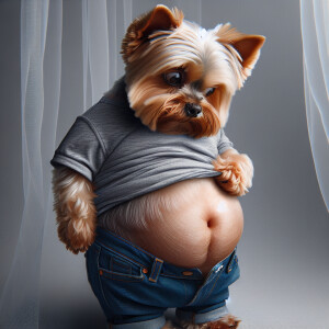 A cute yorkie, round and looks very fat. Yorkie’s expression loo...