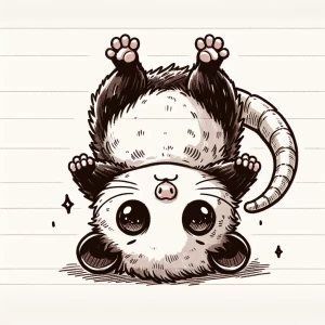 Cute anime-style chibi illustration of a possum hanging upside d...