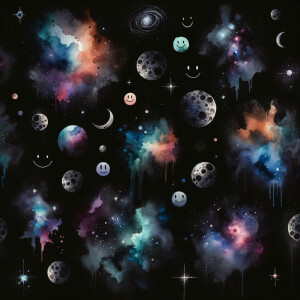 A black background with watercolor designs scattered around, sca...