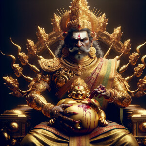 portrait of angry looking, four-armed indian goddess  sitting on...