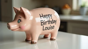 draw a realistic corky pig on a counter and write Happy Birthday...